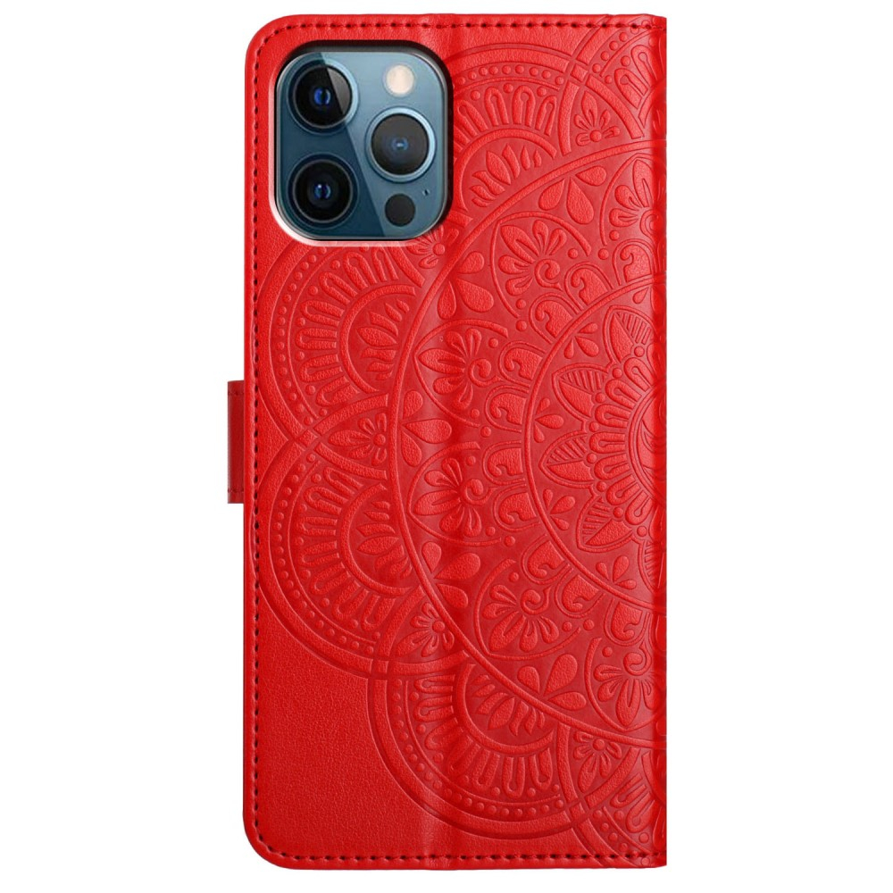 iPhone 16 Pro Leder Tasche Wallet - Mandala Flowers Imprint - Rot