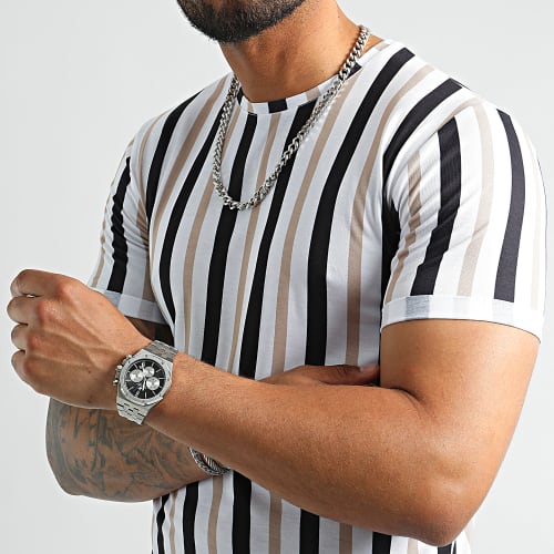 Tee Shirt Oversize A Rayures 2495 Noir Blanc Beige