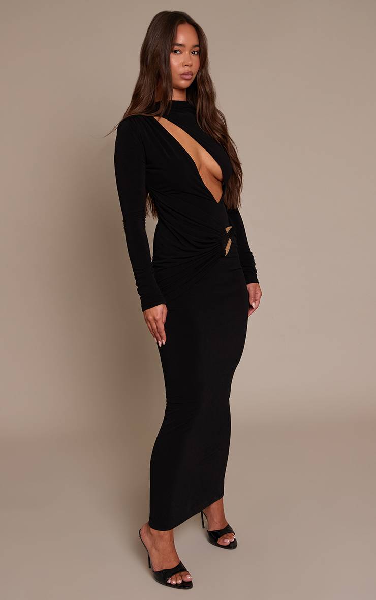Noir Robe Maxi Asymétrique À Décolleté Plongeant Avec Détail De Bordure Double Couche En Tissu Slinky Label Plt