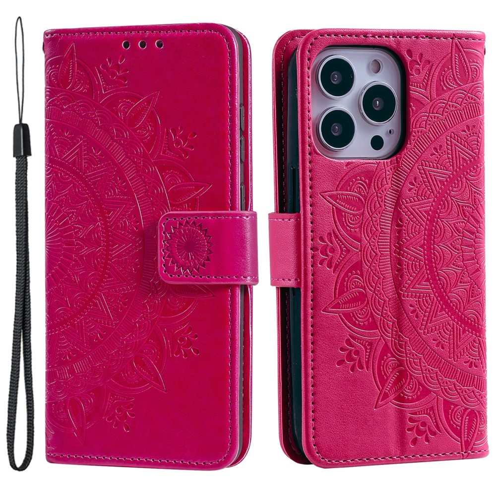 iPhone 15 Pro Max Leder Tasche Wallet - Mandala Flowers Imprint - Rot / Pink