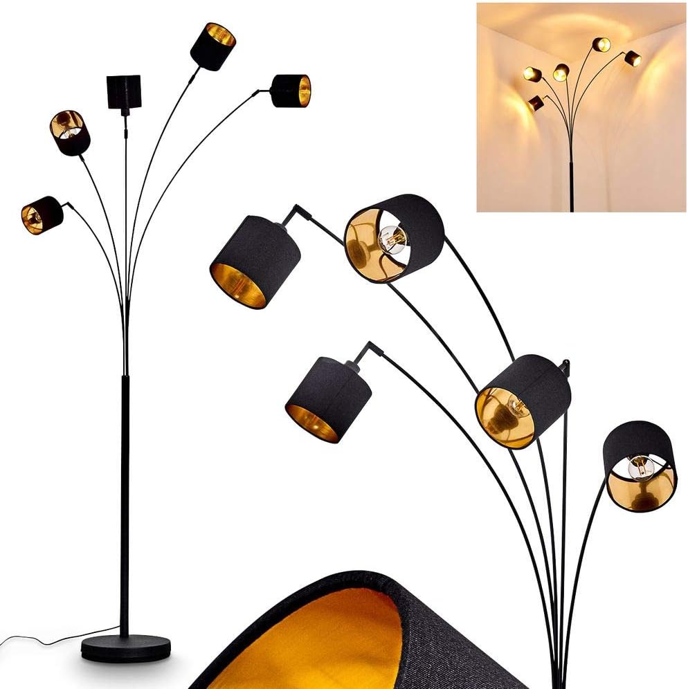 Stehlampe Alsen, moderne Stehleuchte aus Metall/Stoff in Schwarz/Gold, 5-flammig, 5 x E14, Höhe 204 cm, Bodenlampe mit verstellbaren Textil-Schirmen und Fußschalter am Kabel, ohne Leuchtmittel