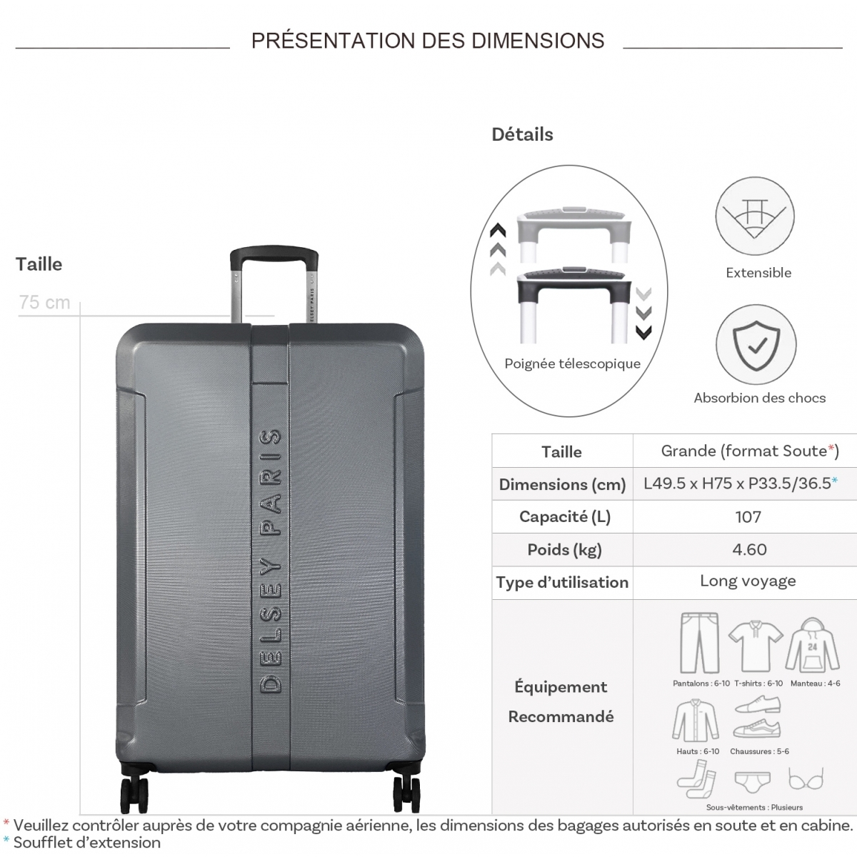 Delsey Grande valise rigide extensible Delsey Départ TSA 75cm