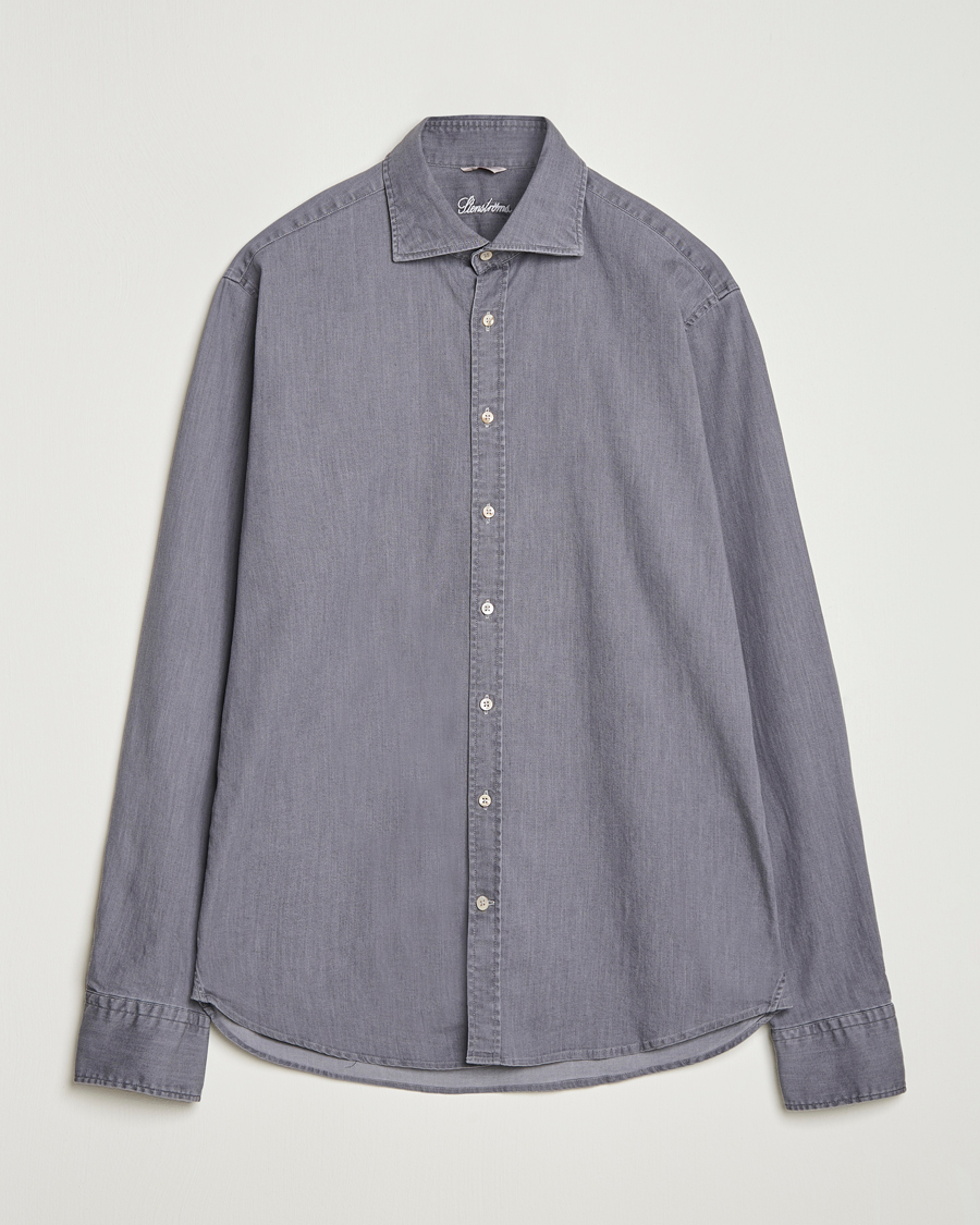 Stenströms Regular Fit Garment Washed Denim Shirt Grey