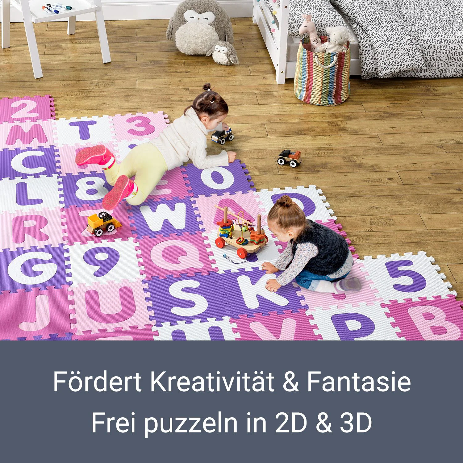 Juskys Kinder Puzzlematte Juna 36 Teile mit Buchstaben & Zahlen - rutschfest – rosa für Mädchen