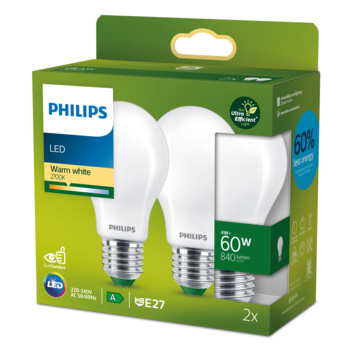 Philips Ultra Efficient LED peer E27 60 W 2700k 2-pack