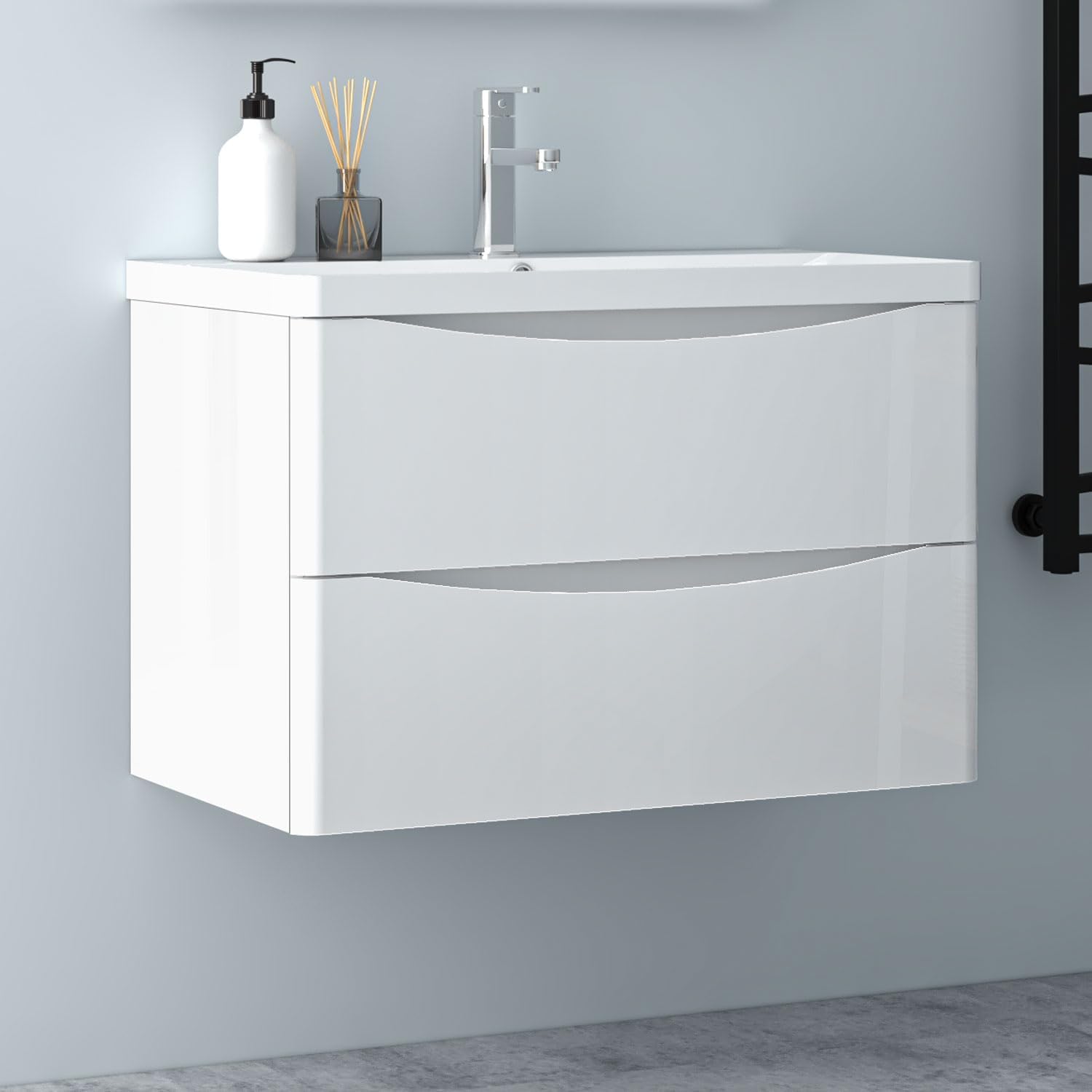 Hochglanz Weiß Badezimmerschrank 80cm Mineralgusswaschbecken mit Unterschrank Badmöbel-Set 2 Soft-Close Schubladen Hängend