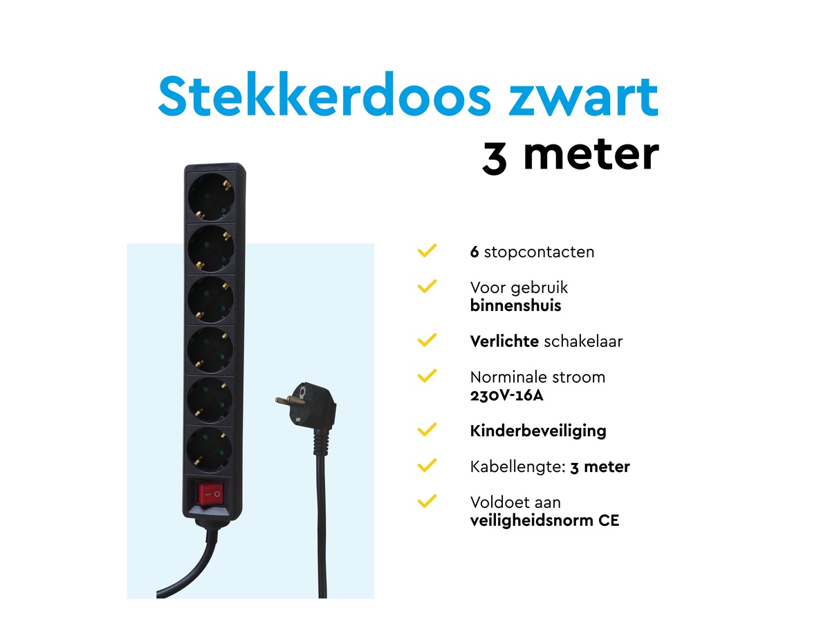 BRASQ 3 meter 6 voudige stekkerdoos met schakelaar - Black