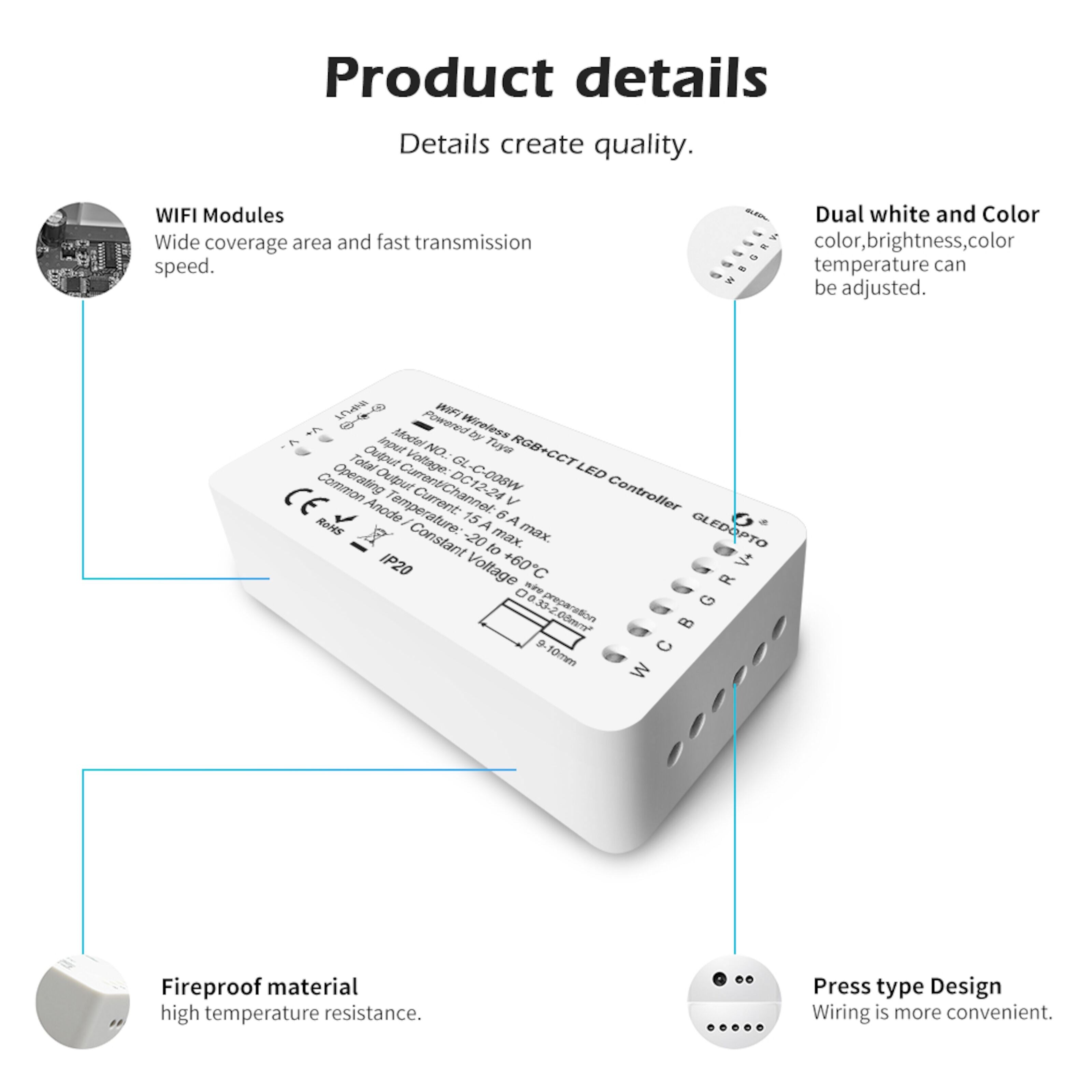 Gledopto RGB+CCT Wifi-kontroller for LED-list
