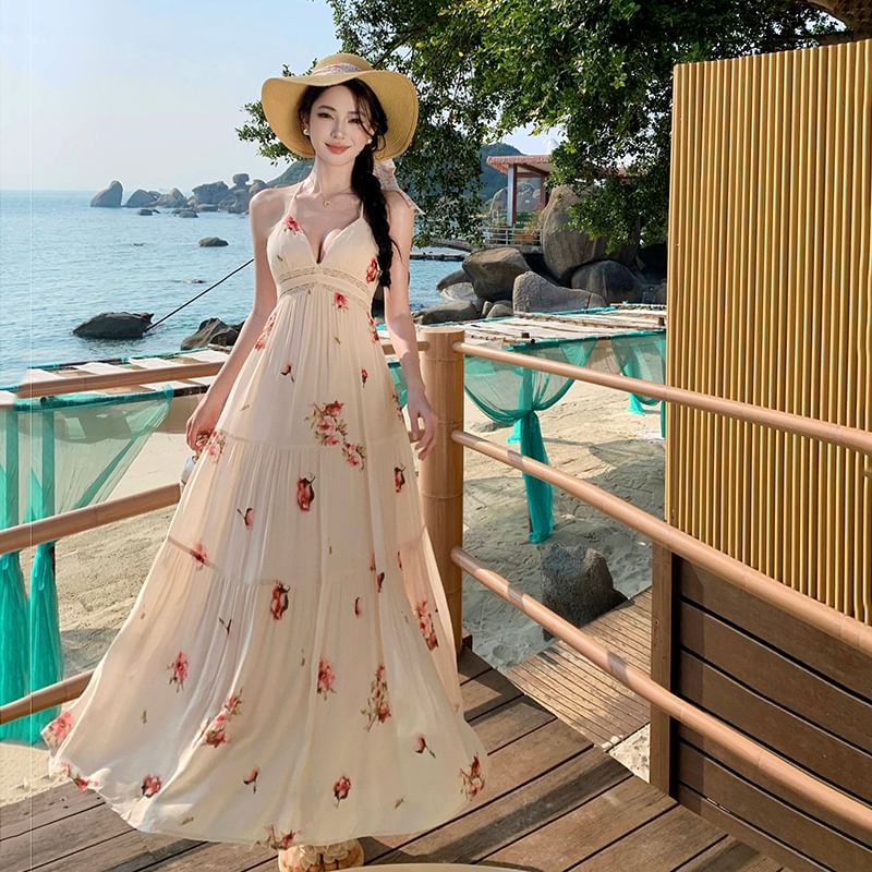BOHEME - Maxi-zonjurk met spaghettibandjes, V-hals en bloemenprint