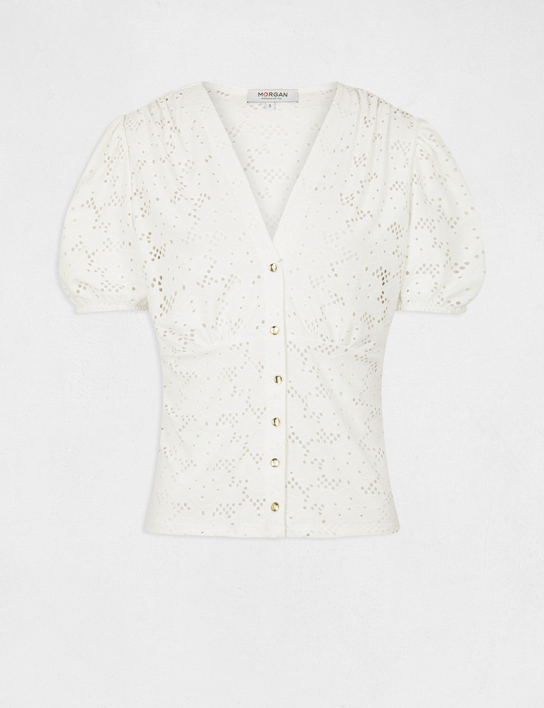 T-shirt manches courtes à broderie ecru femme - ecru
