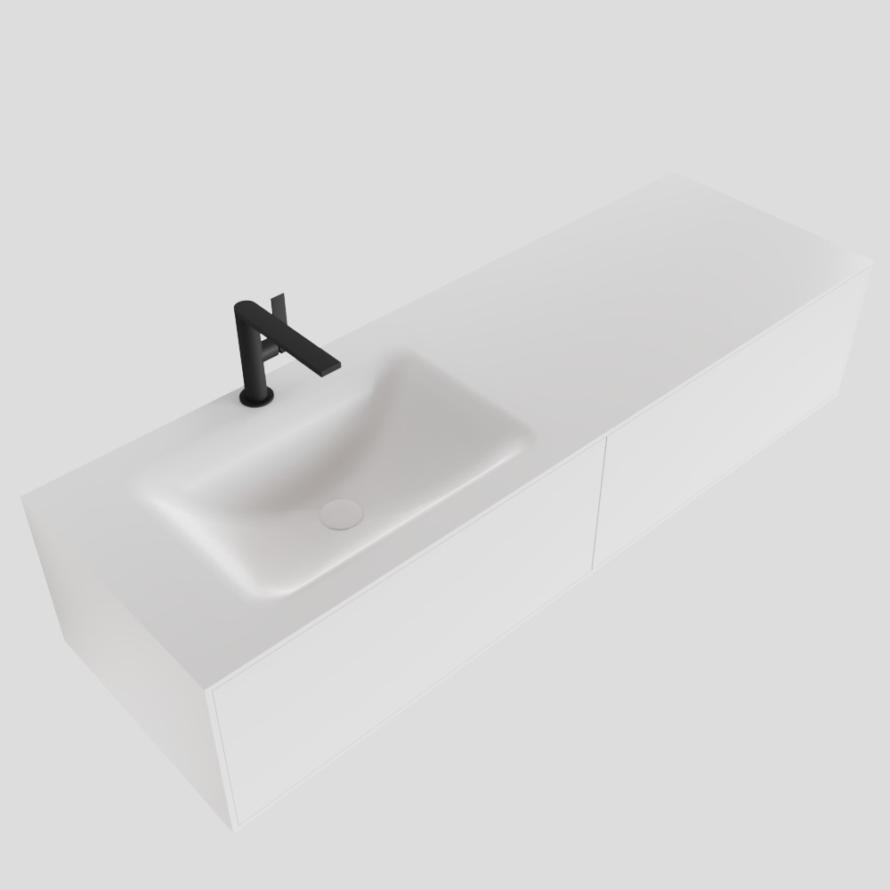 SCHADEMODEL: Zaro Lagom volledig naadloos solid surface onderkast 140cm mat wit met 2 lades Push tot open. Compleet met solid surface wastafel met 1 kraangat(en)