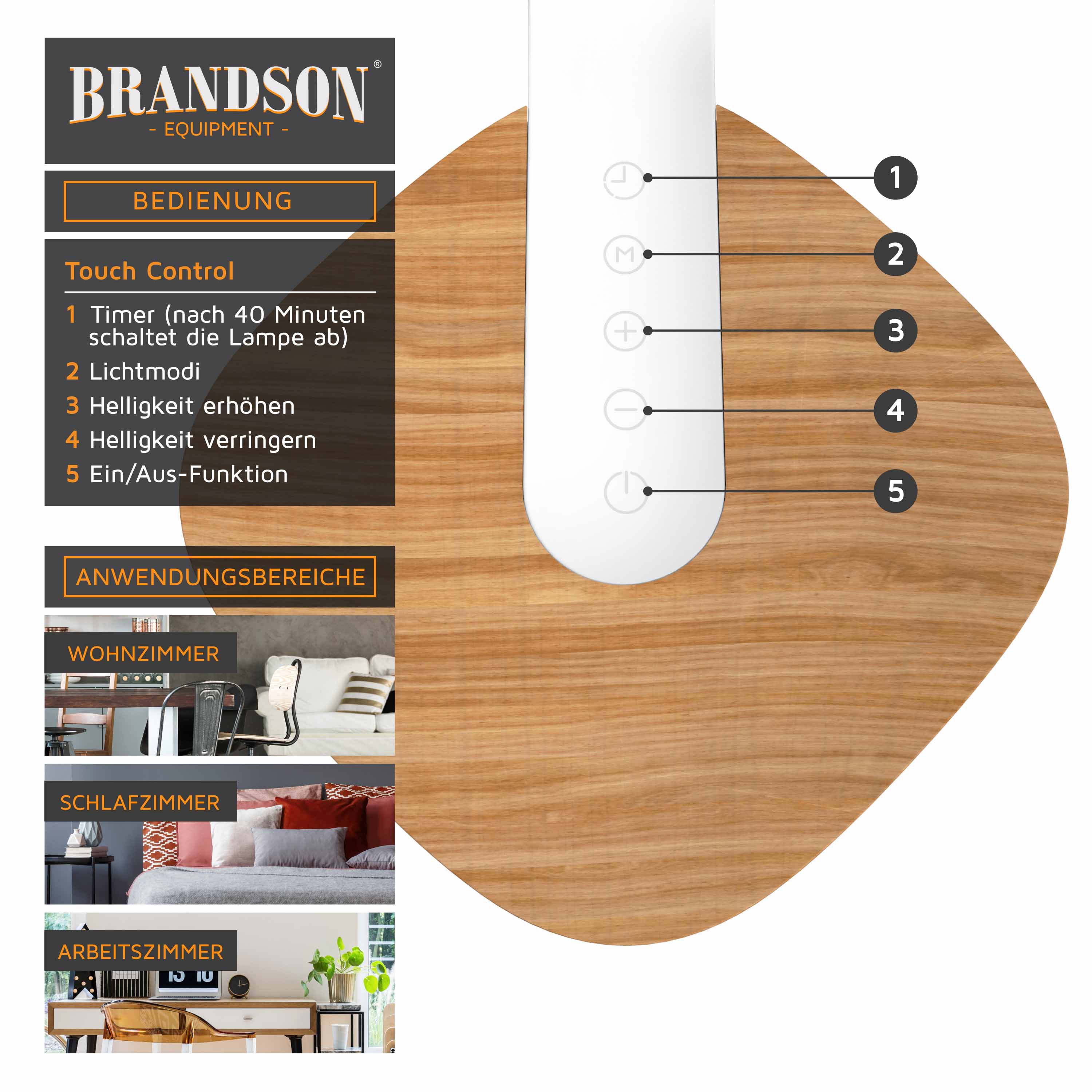 Brandson LED Schreibtischlampe mit 3 Lichtfarben, 5 Helligkeitsstufen, Holzoptik, 3 Lichttemperaturen, dimmbar, Timer, Weiß/Braun