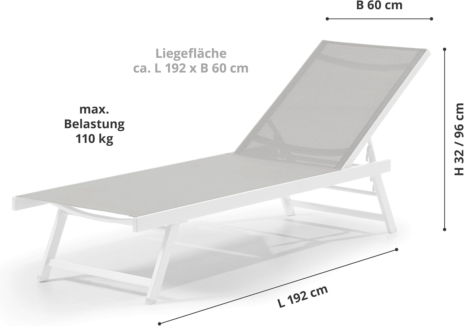 Leco-Sonnenliege Elina – Formschöne Aluminium-Gartenliege mit 5fach Verstellbarer Rückenlehne und einklappbaren Füßen – Gestell Weiß