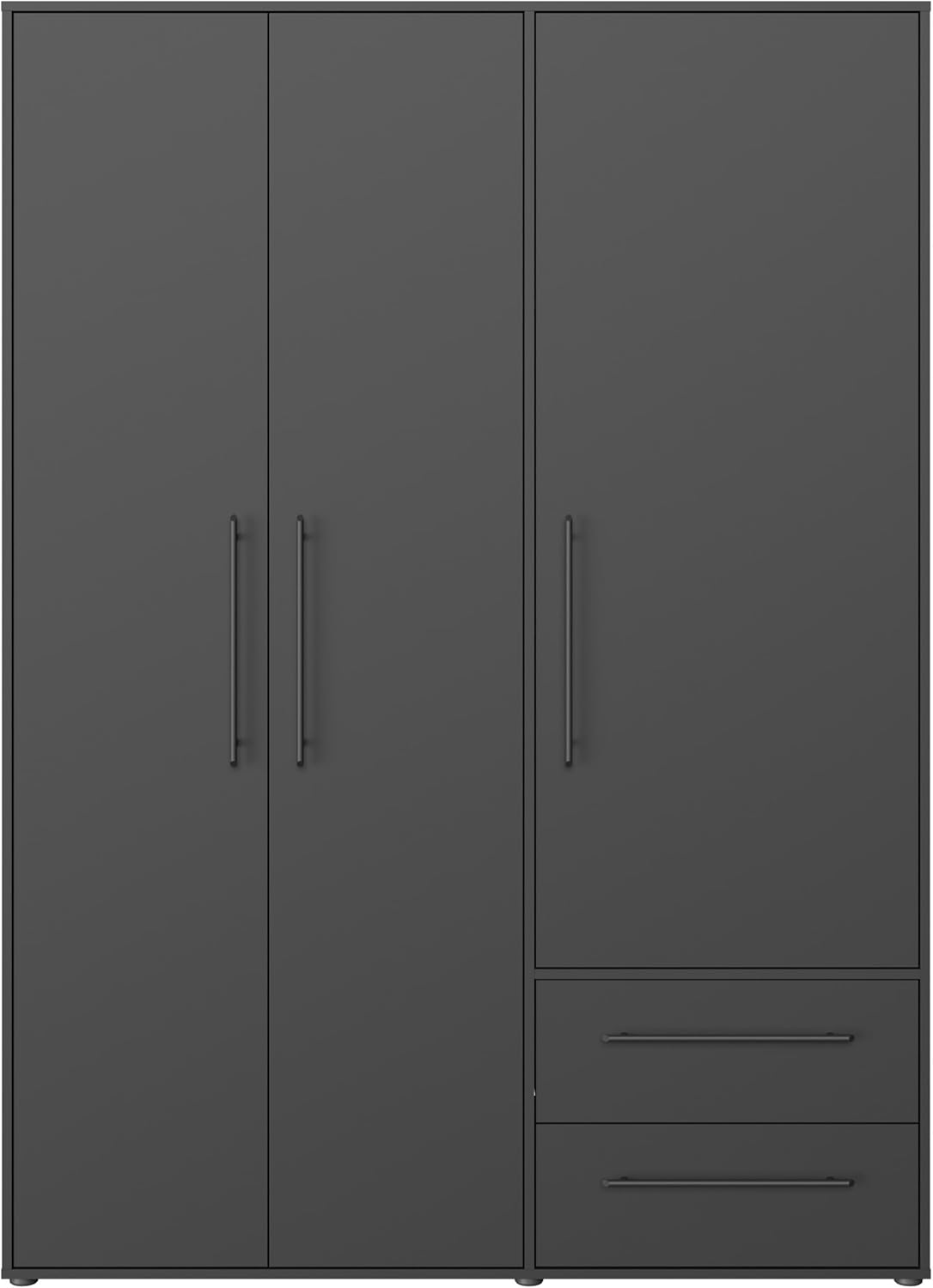 Forte Jupiter Kleiderschrank 140 150, 3-türiger Drehtürenschrank mit 2 Schubladen, Einlegeböden, Kleiderstange, Holzwerkstoff, Schwarz Matt, 144,4 cm breit, 200,1 cm hoch, 58,8 cm tief