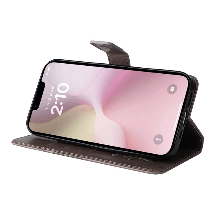 iPhone 16e Leder Tasche mit Kartenfach   Handschlaufe Schmetterling - Grau