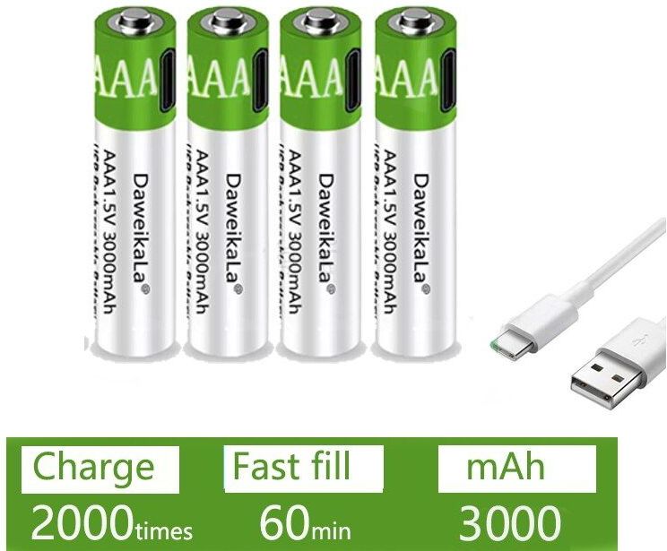 Daweikala - AAA - Oplaadbare Batterijen - 1.5V - 3000 mAh - Li-Ion Batterij met Type-C Kabel