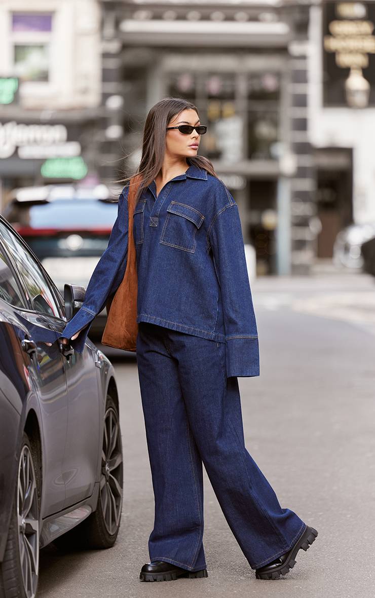 Bleu Indigo Jean Large Taille Haute À Surpiqûres Contrastantes