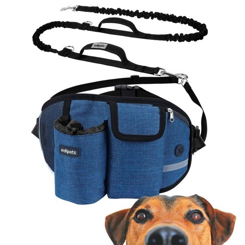 Guia Edipets Canicross Hands-Free com Bolsos de Armazenamento, Azul, para Cães