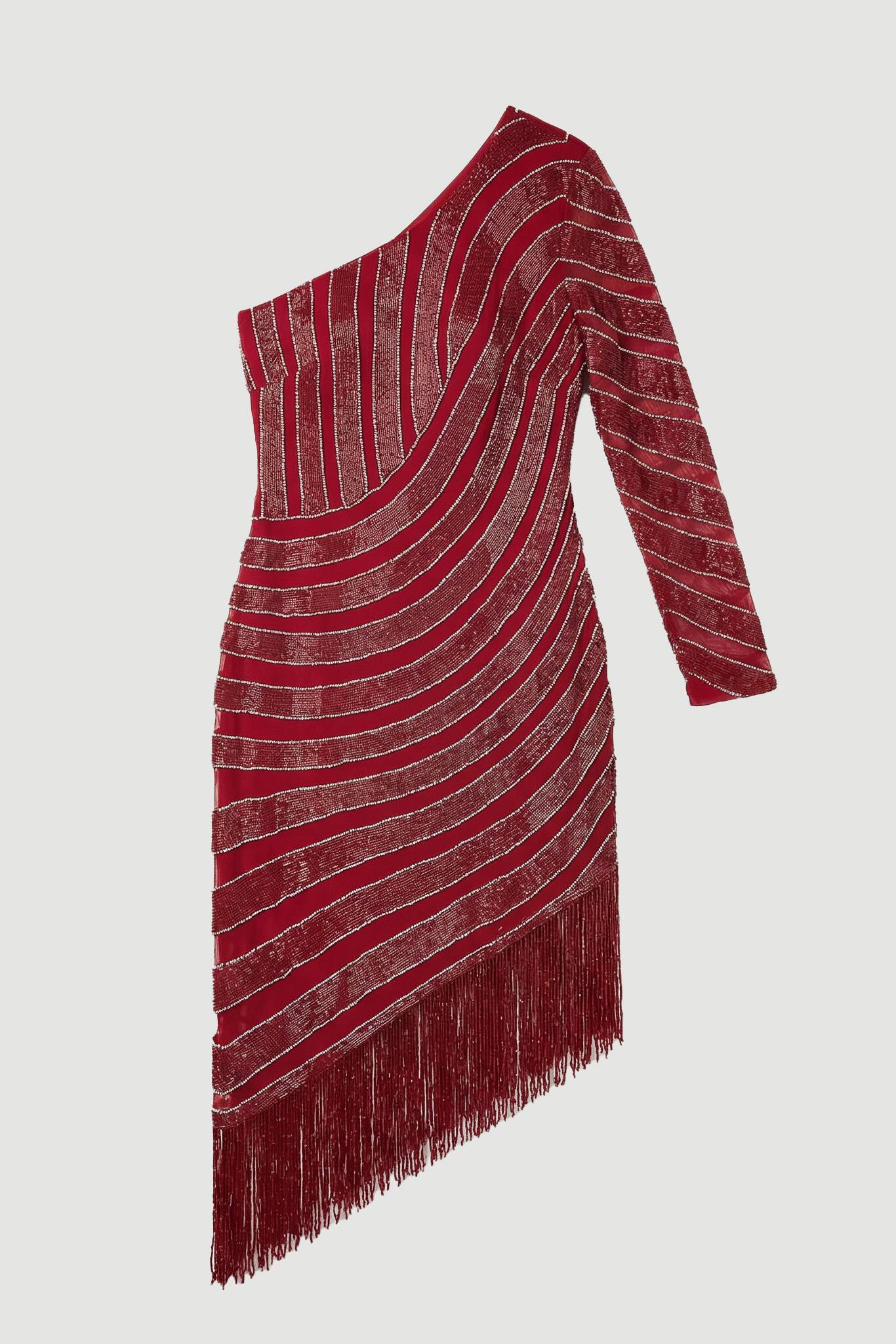 KarenMillen Robe Midi Tissée à Franges avec Fente Haute et Ornements