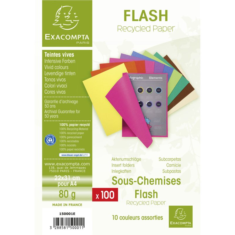 Sous-chemises recyclées 80 g Flash Exacompta 22 x 31 cm couleurs - Paquet de 100
