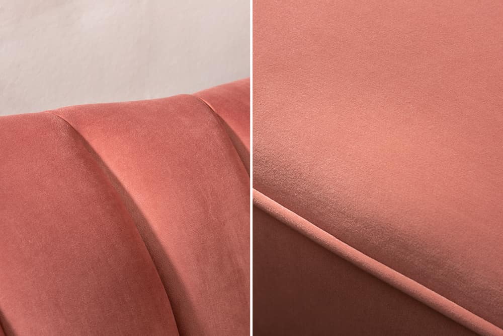 Retro 3-Sitzer Sofa ARIELLE 220cm altrosa Samt goldene Metallfüße Ziersteppung