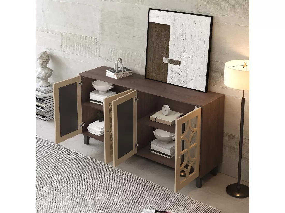 Buffet avec 4 portes vitrées - avec étagères réglables - Naturel