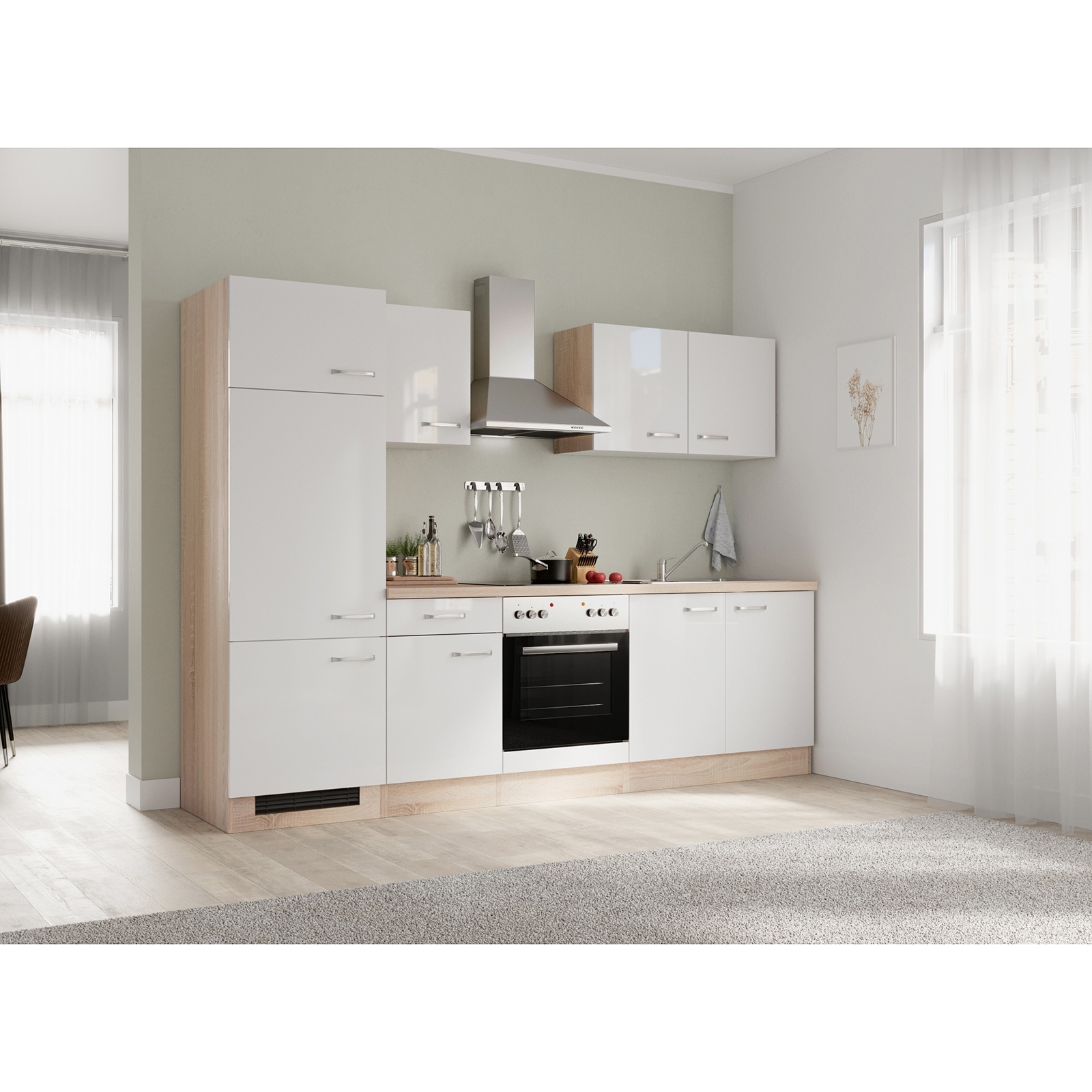 Küchenblock VALERO - weiß Hochglanz - Sonoma Eiche - mit E-Geräten- 270 cm