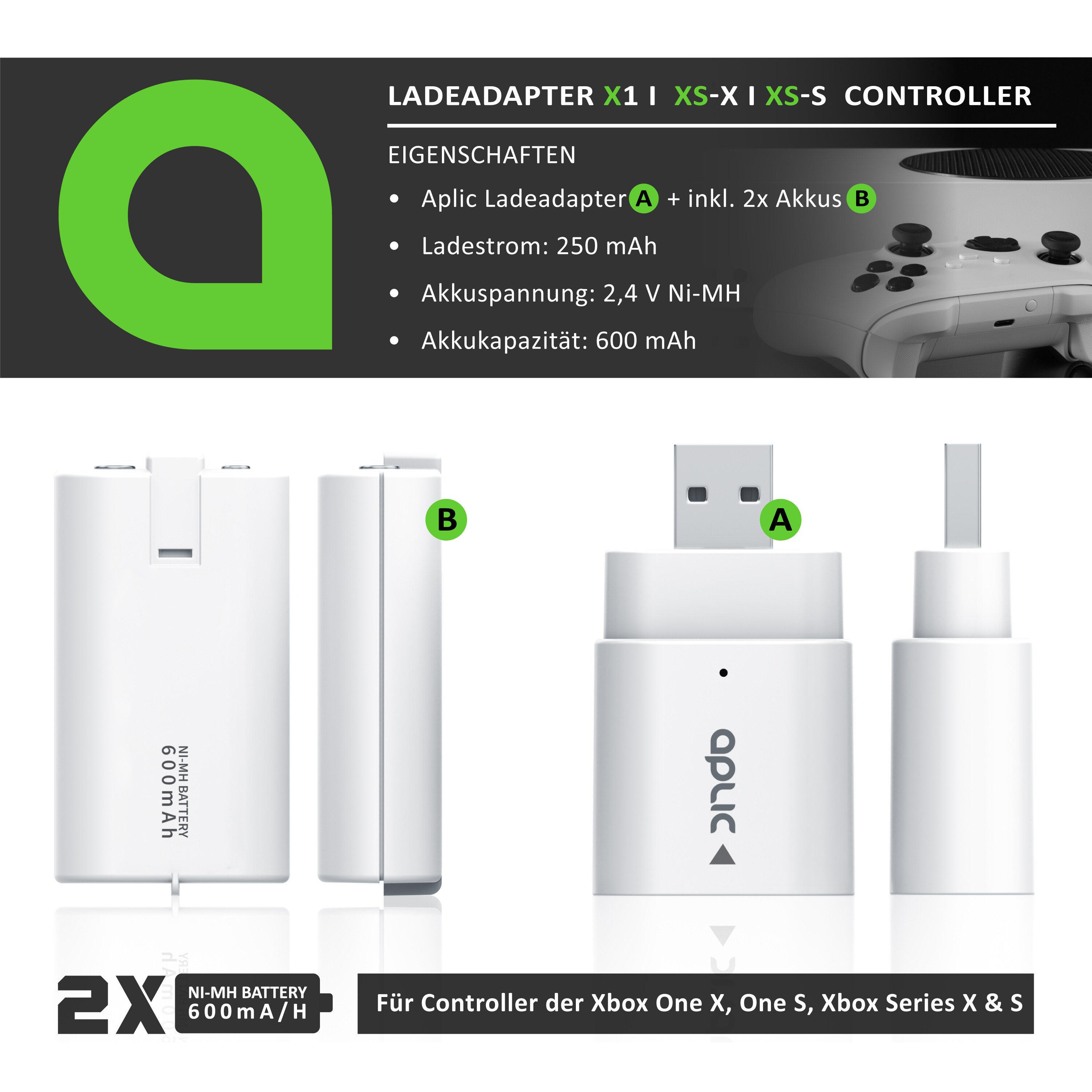 Aplic Ladegerät für XBox One Controller und Xbox Series Gamepad - 2 x Akkus 600 mAh für Gamepads - Ladeadapter - für / kompatibel mit XBox One S X