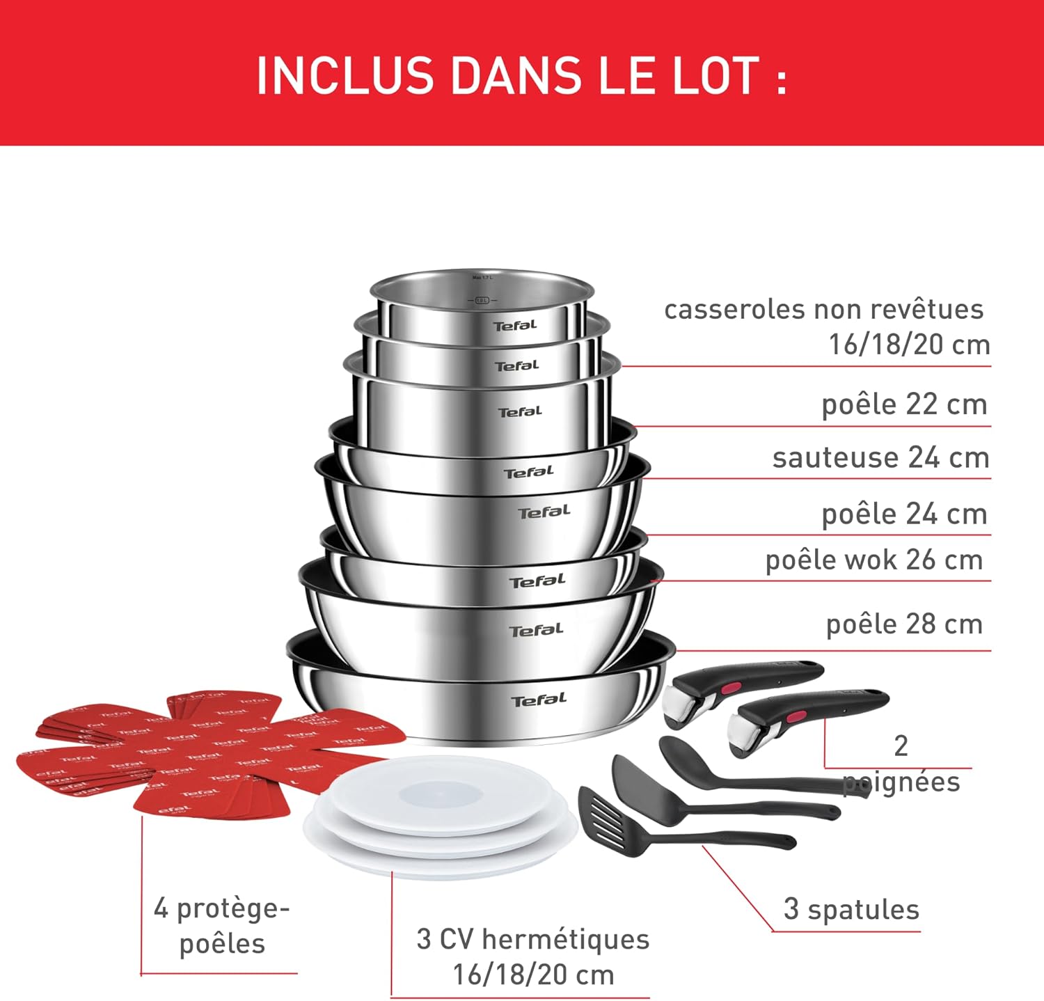 Tefal Ingenio Batterie de cuisine 20 pièces, Poêles, Casseroles, 2 poignées amovibles, Induction, Revêtement antiadhésif, Empilable, Compatible lave-vaisselle, Emotion L897SK04