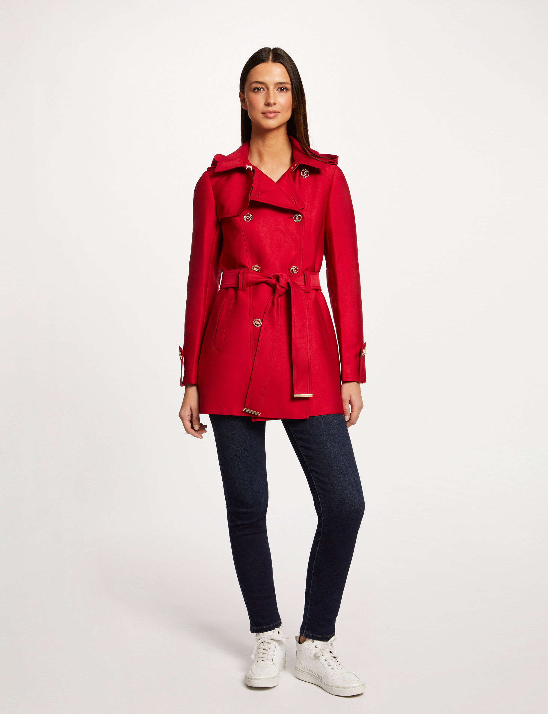 Trench droit ceinturé à capuche rouge femme - rouge