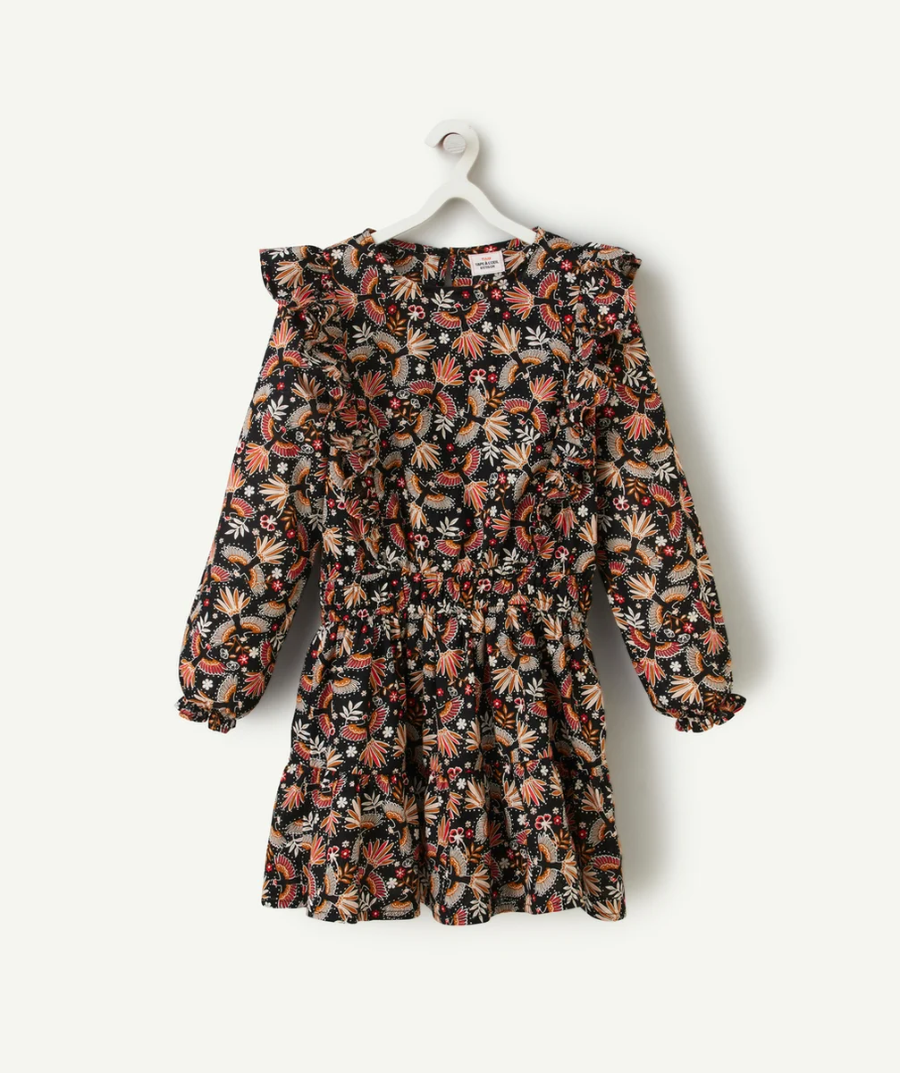 ROBE FILLE EN COTON NOIR ET IMPRIMÉ FLORAL AVEC VOLANTS