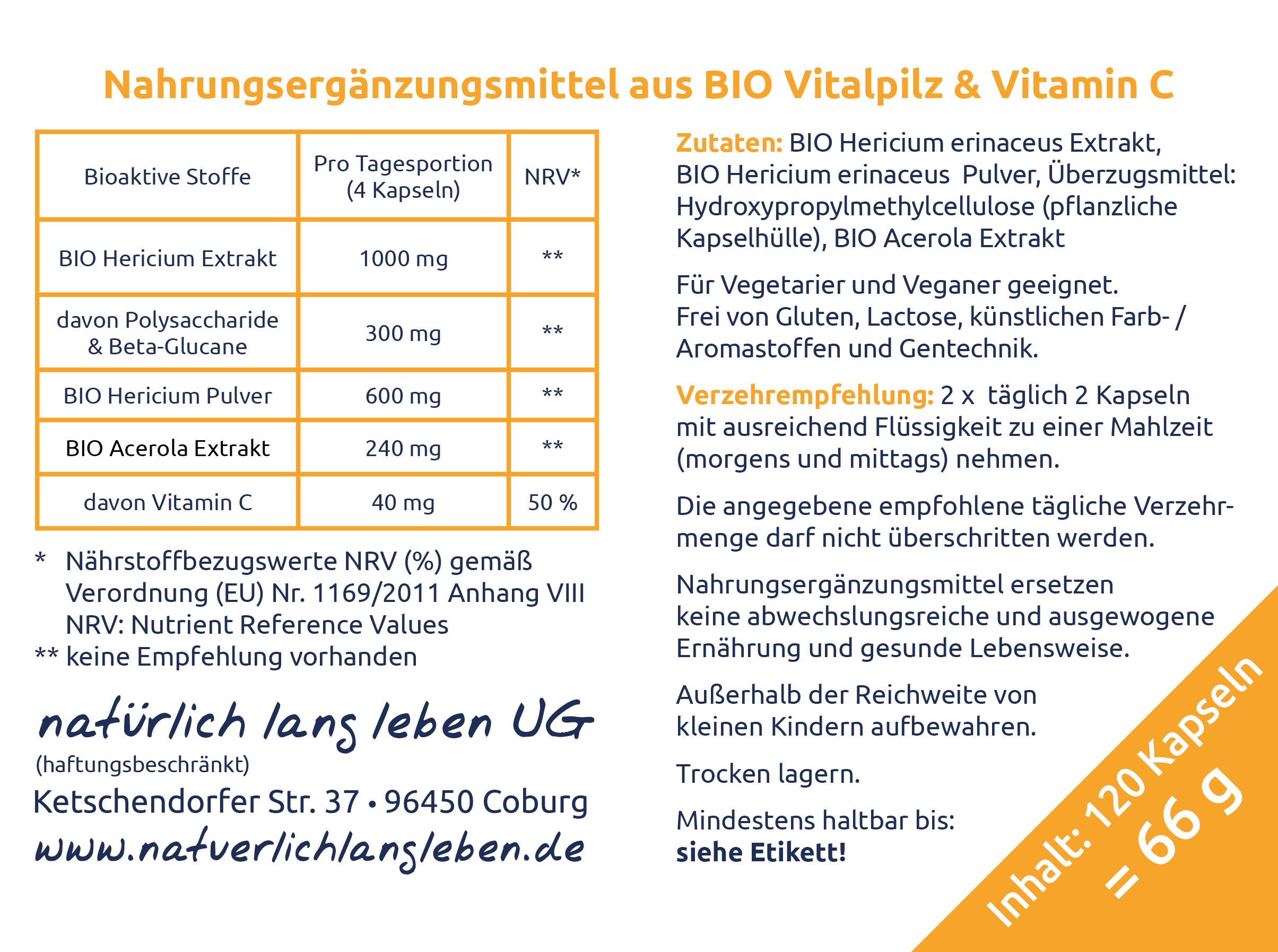 natürlich lang leben BIO Hericium Extrakt + Pulver