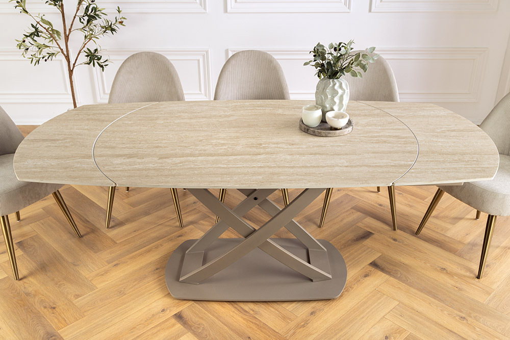 Ausziehbarer Esstisch INCEPTION 130-190cm oval Travertin Keramik champagner greige