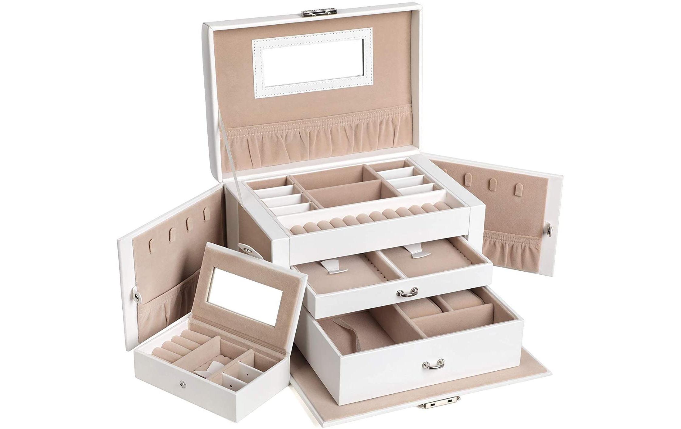 Schmuckschatulle mit 3 Ebenen, Weiss, KunstlederSchmuckbox abschliessbar