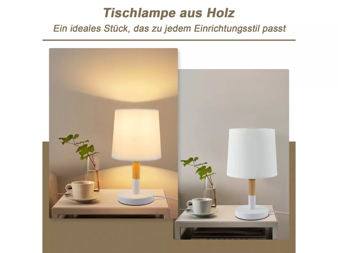 NETTLIFE Lampe de chevet Set de 2 lampes de table Salon - en bois E27 Douille Bedside Lamp Chambre à coucher Blanc