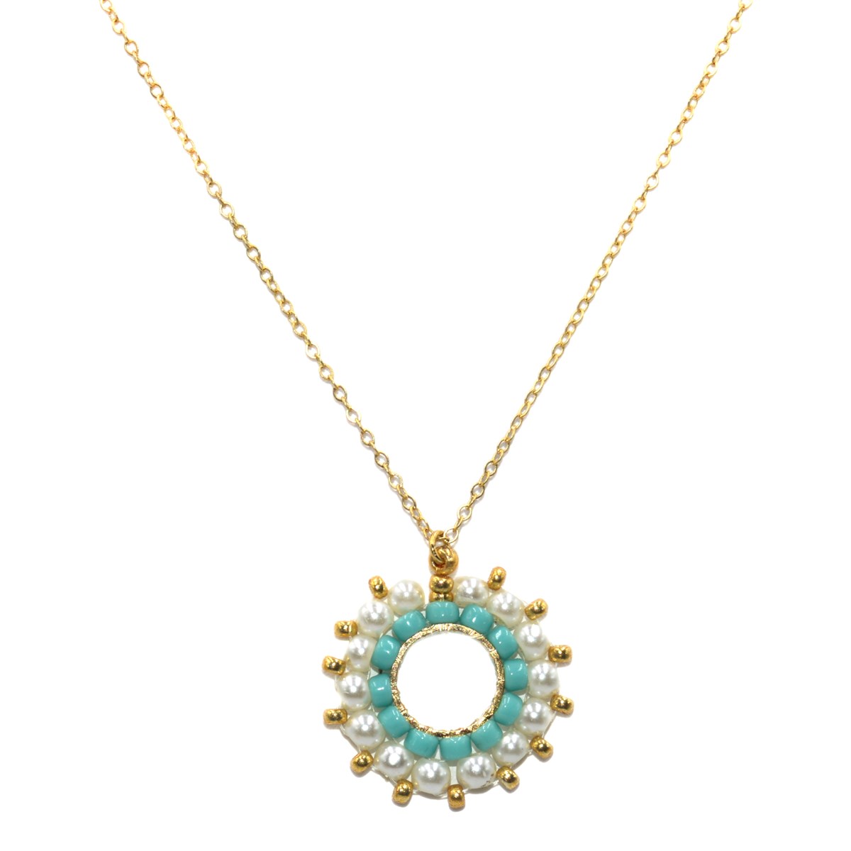 Collier avec pendentif tissé mains- Perles  miyuki , perles nacrées- Doré à l'or fin