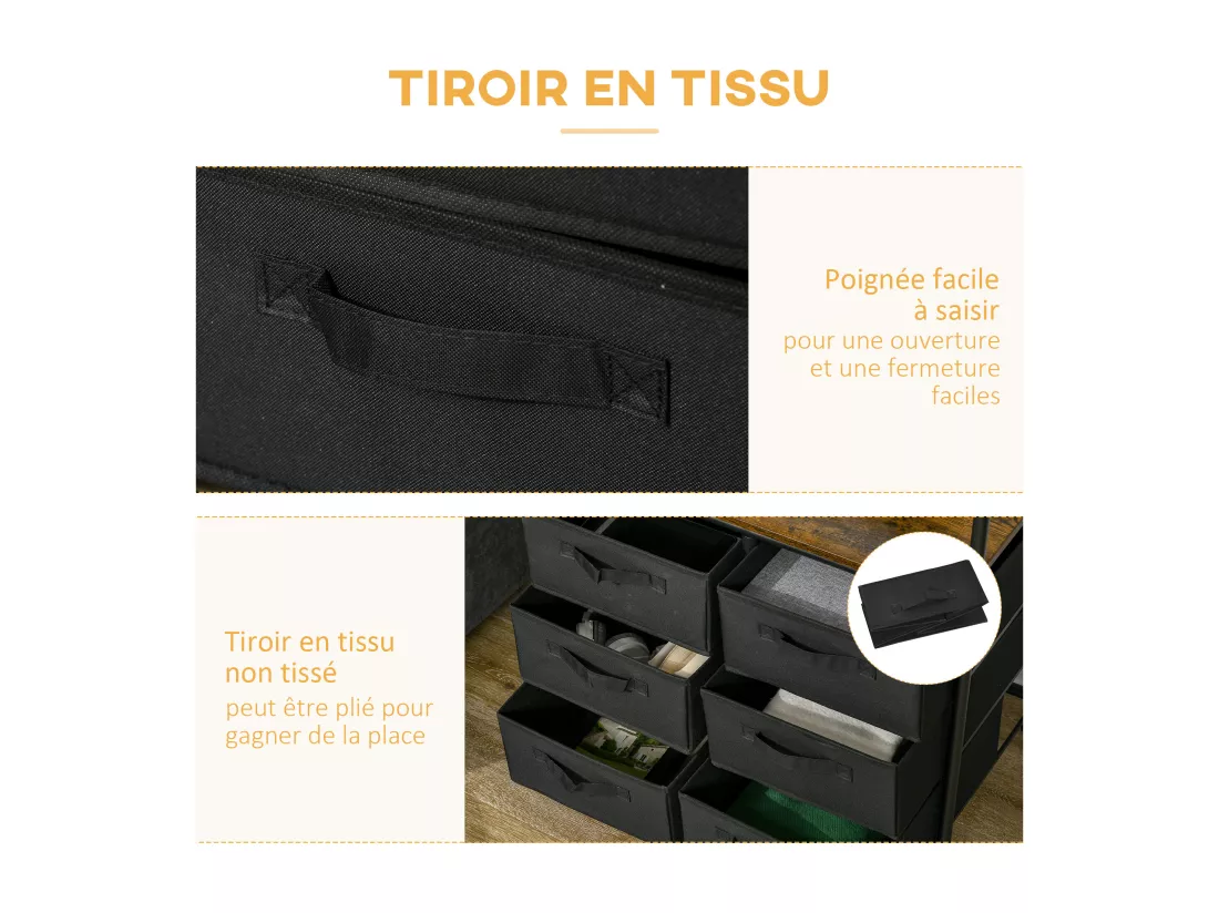 Penderie portant à vêtements style industriel sur roulettes 6 tiroirs barre penderie acier noir panneaux aspect bois
