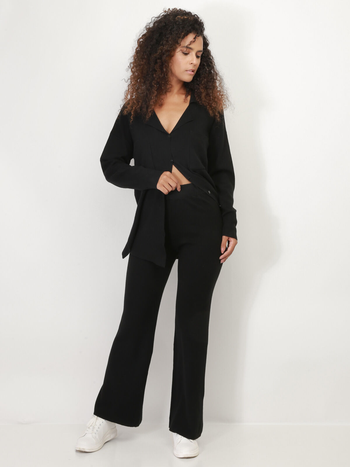 Ensemble pantalon et cardigan en maille- Noir