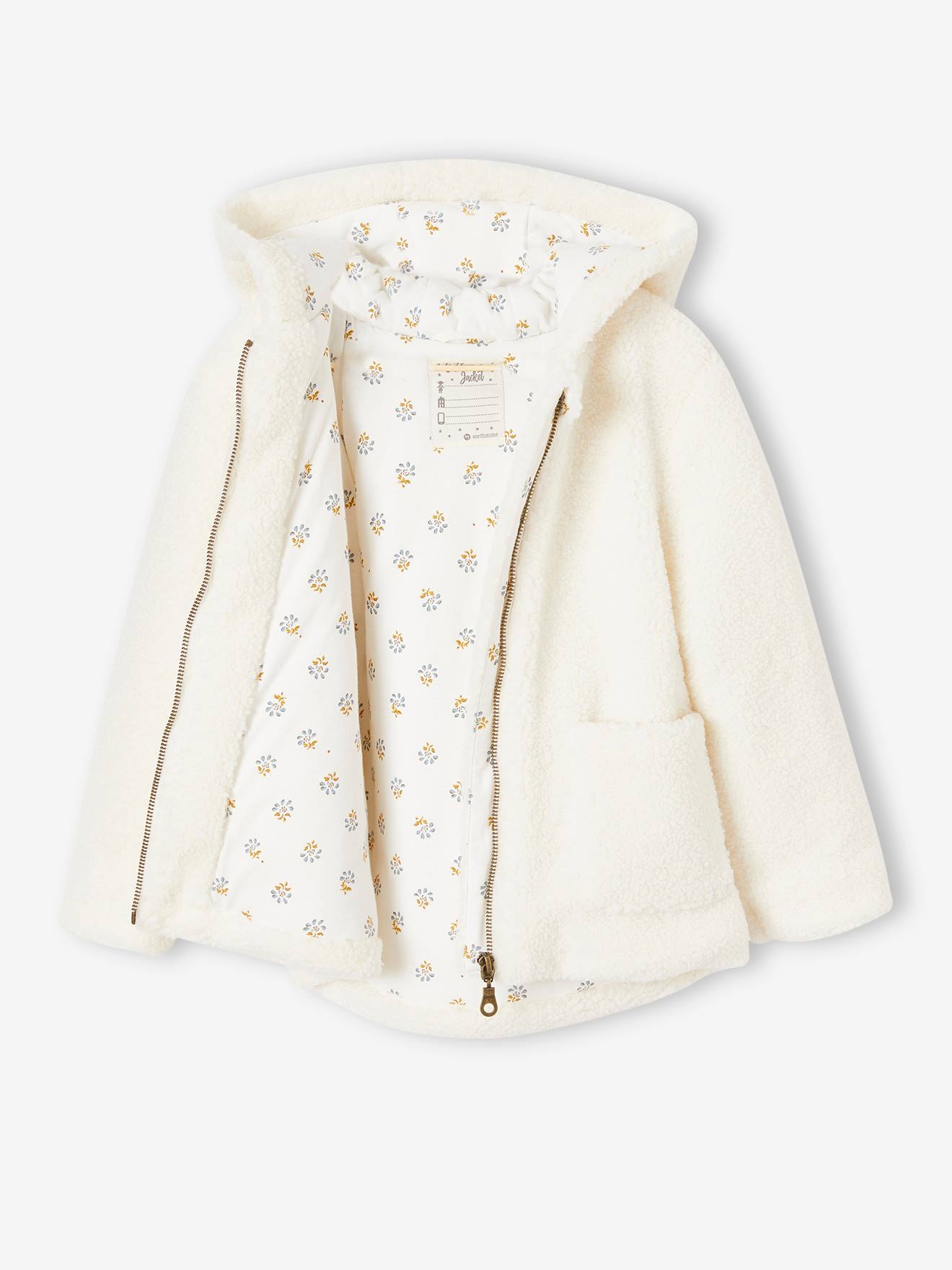 Jaqueta com capuz em sherpa, branca lisa, para meninas.