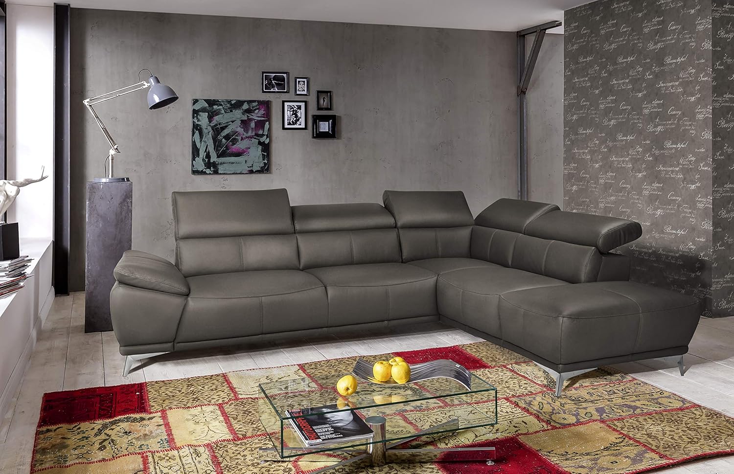 Mivano Ecksofa Felipe in Echtleder / Moderne Eckcouch mit verstellbaren Kopfstützen / 292 x 73 x 233 / Leder Fango (grau)