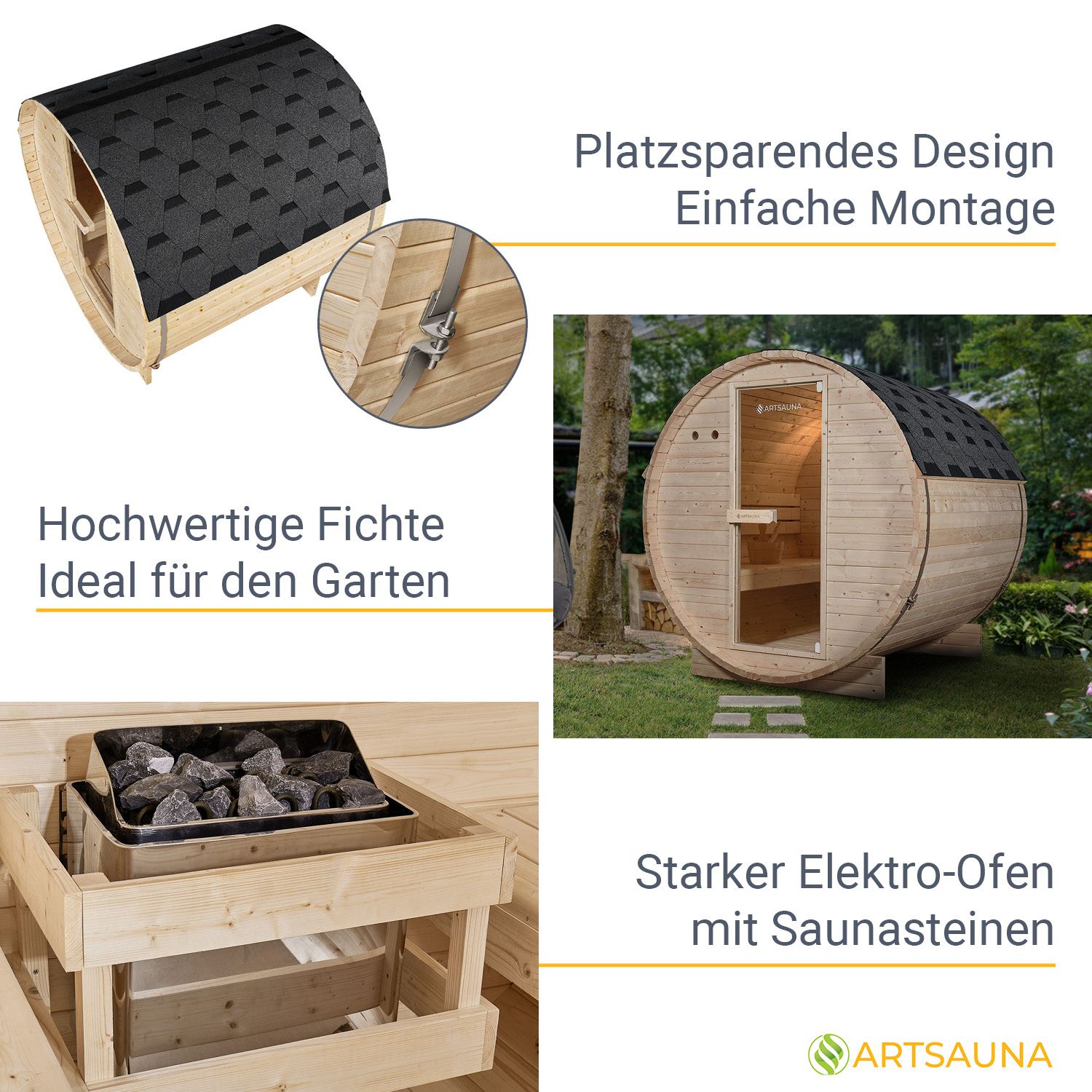 Artsauna Fasssauna Spitzbergen 180 - 4 Personen, 6 kW Ofen, Zubehör - Fichtenholz Sauna