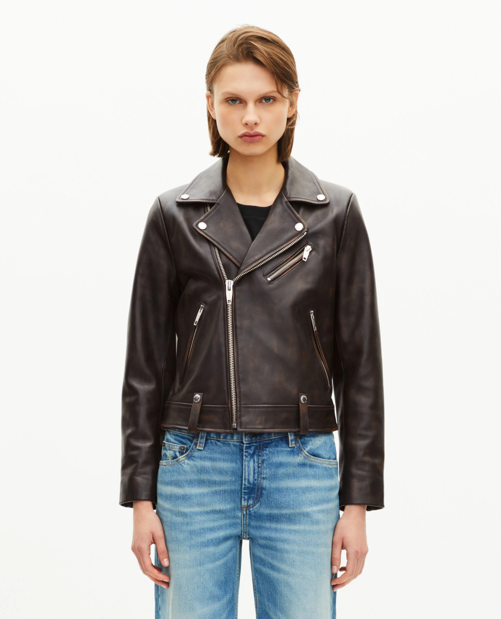 Blouson motard en cuir marron