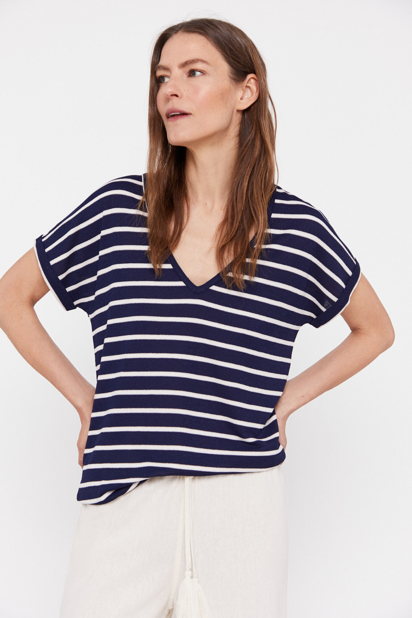 Blusa com estampa de bolinhas e listras - Azul marinho