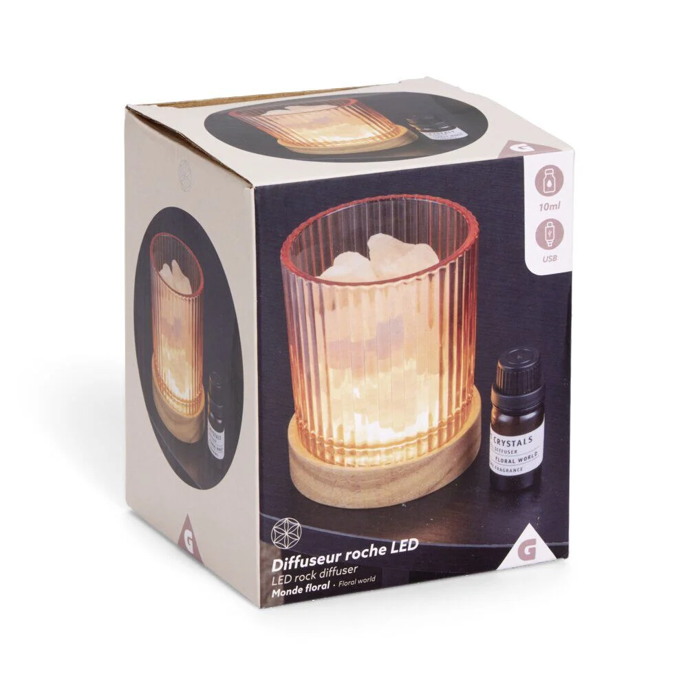 Diffuseur roche LED base bois avec 1 huile essentielle - 2 modèles