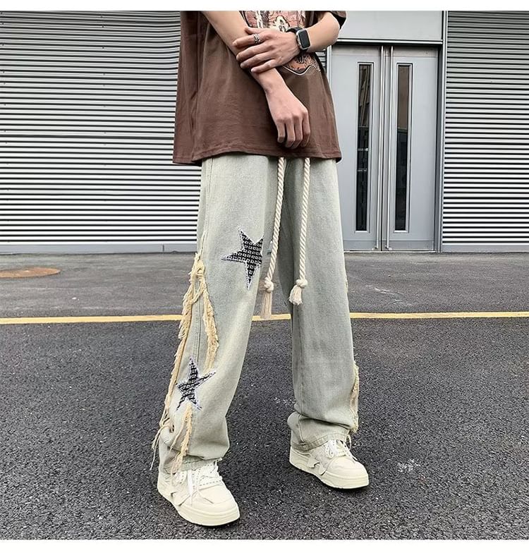Cowpow - Hoge taille jeans met sterrenapplicatie en wijde pijpen