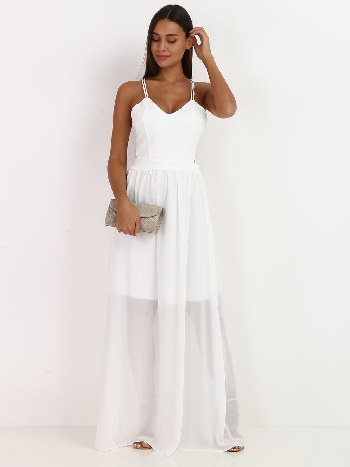 Robe longue à double bretelles croisées- Blanc