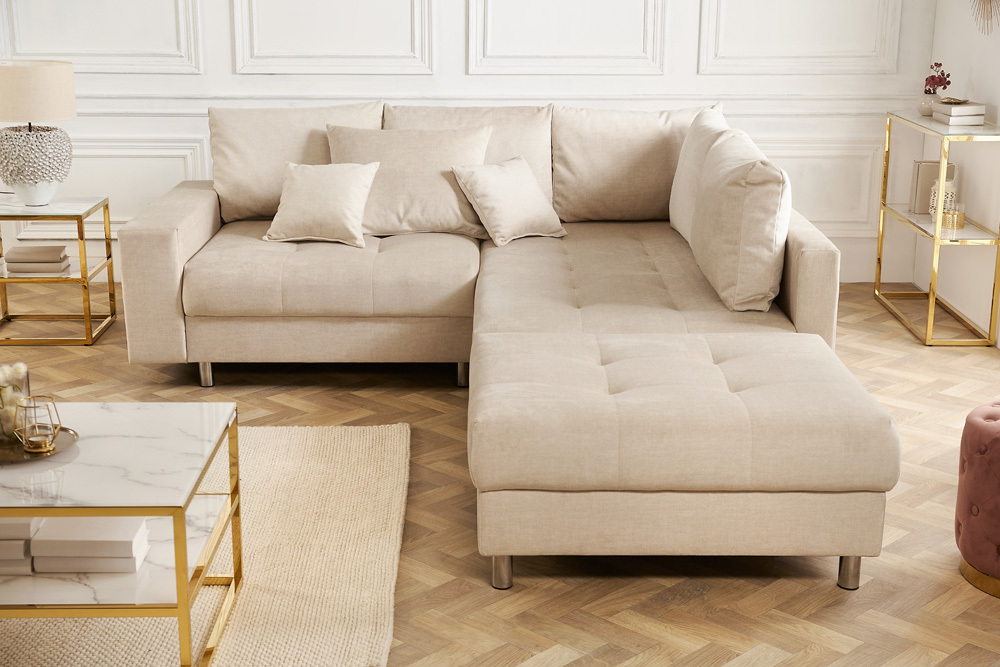 Moderne Wohnlandschaft KENT 220cm champagner beige Vogue Velours Samt Federkern mit Hocker
