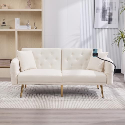 Klappsofa Beige 2-Sitzer mit USB-Anschluss & Seitentasche | Multifunktionales Chenille Sofa für Wohnzimmer, Studenten & Apartment | Schlafsofa mit Verstellbarer Rückenlehne