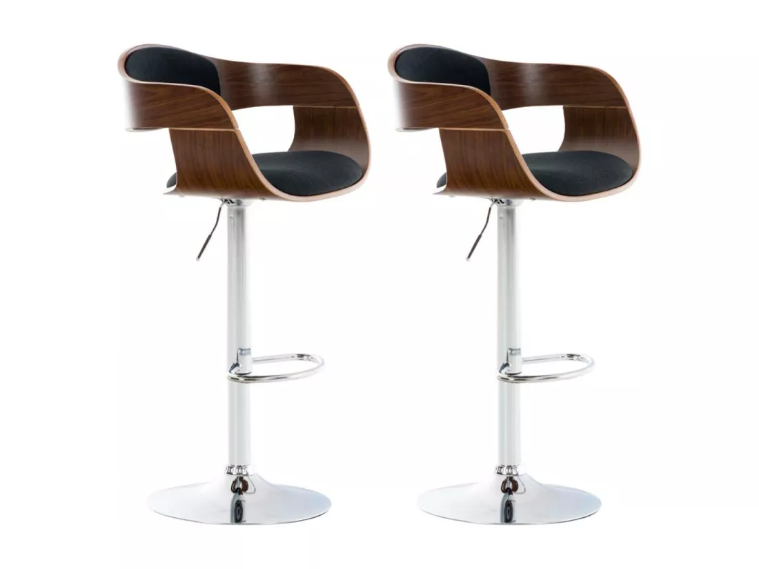 Lot de 2 Tabouret de bar - Tissu & Métal chromé - Noyer / Noir - Kingston