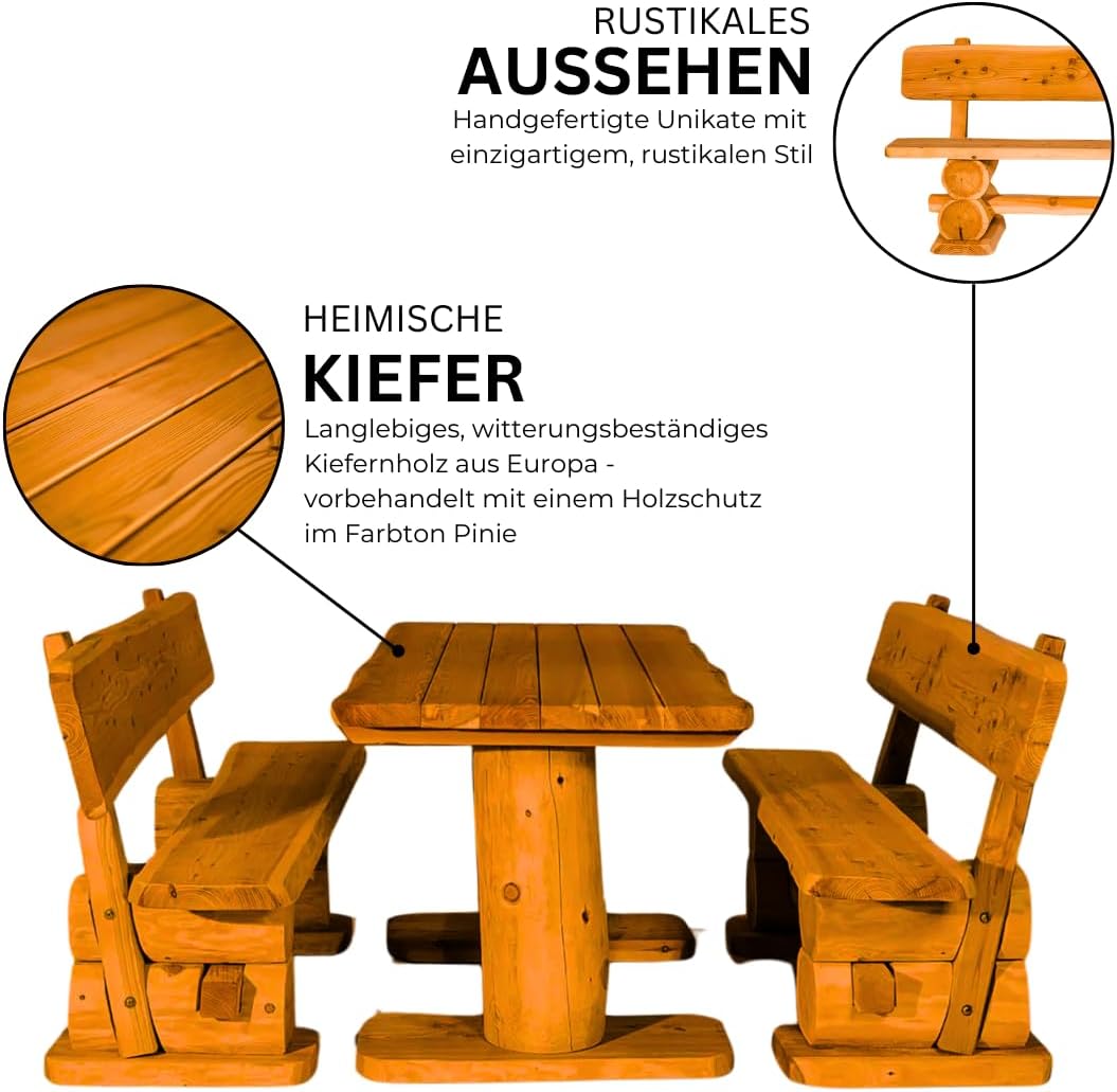 Gartengarnitur Rustikal Pinie Lasiert 160 cm - Aus heimischer Kiefer - Fertig montierte Sitzbank für Terrasse, Garten & Balkon mit Rückenlehne - Zeitloses Design, wetterfest & pflegeleicht